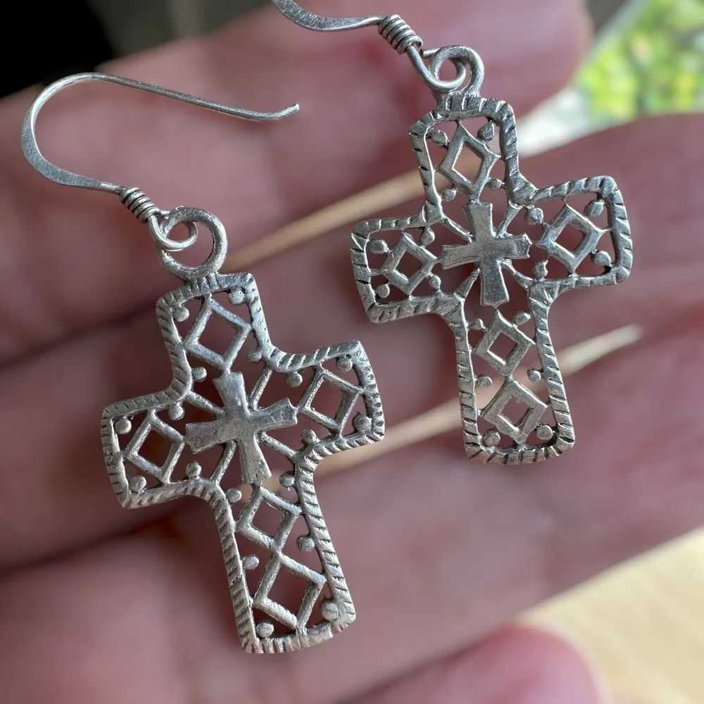 Vintage Hook Dangle Cross Earrings 1.5 Inch Openwork Filigree 925 Sterling 3.4g